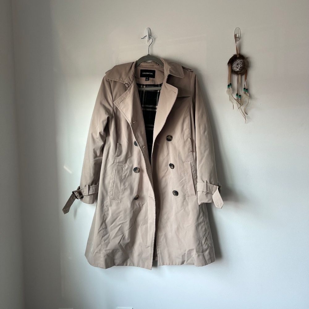 London Fog Tan Long Button Front Light Weight Fleece Lined Peacoat Trench Coat